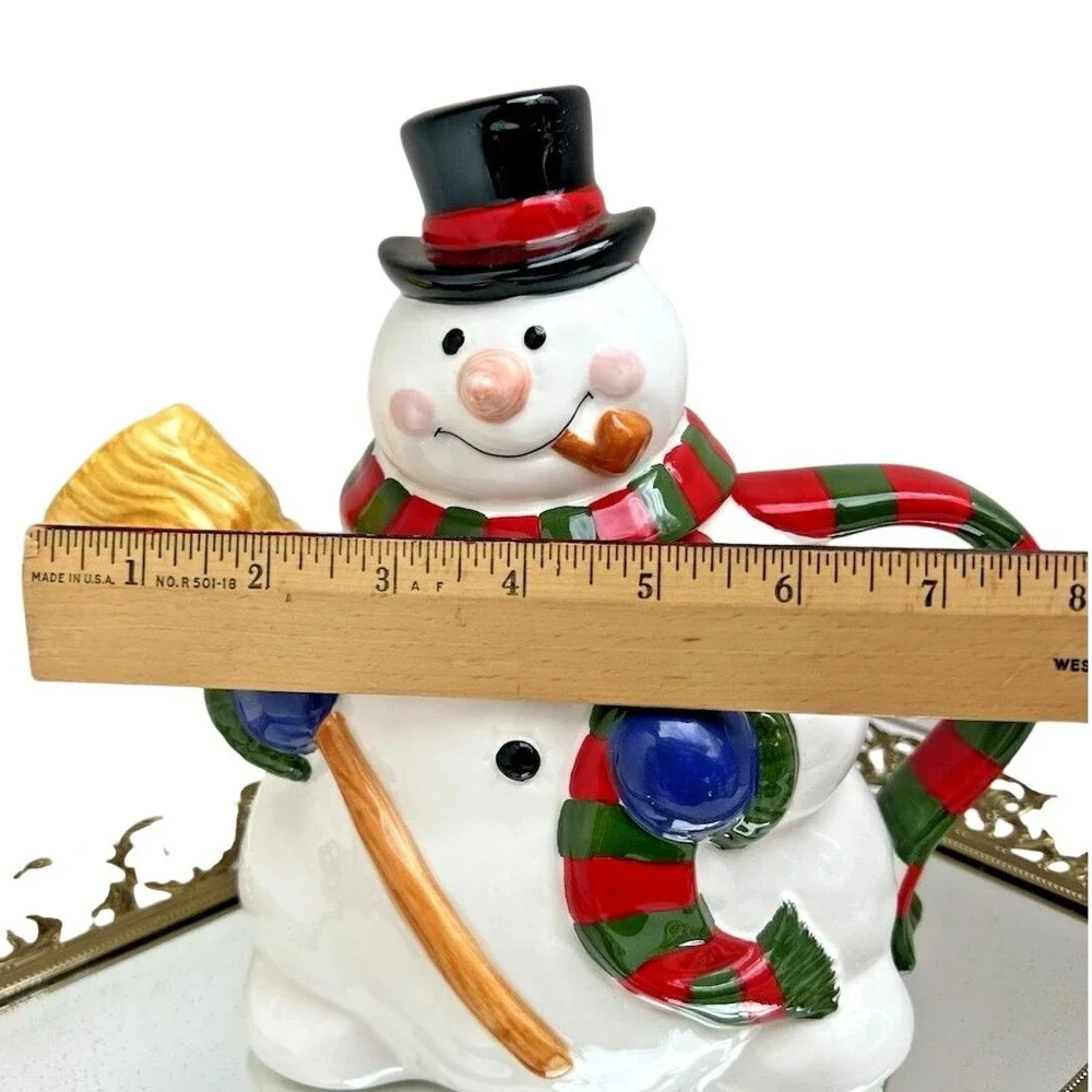 Teapot Snowman Christmas Ceramic Holiday Hand Painted Decorative Vintage Kitchen